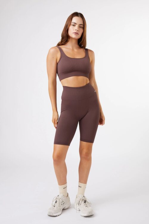 Seamless Ribbed Chocolate Set Sports Bra + Short - Sillvela