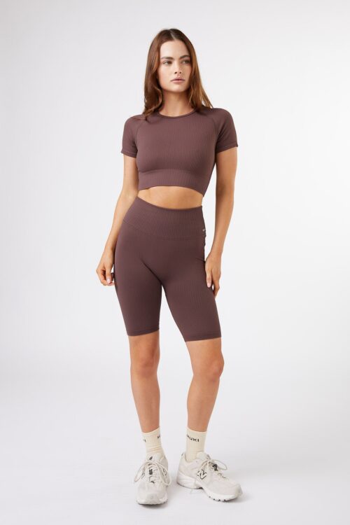 Seamless Ribbed Chocolate Set Crop Top + Short - Sillvela