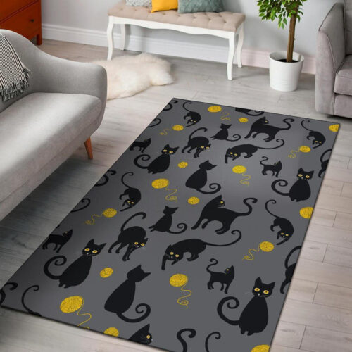 Black Cat Knit Pattern Print Sillvela Area Rug
