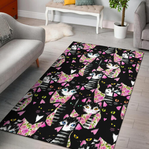 Black Cat Pattern Print Sillvela Area Rug