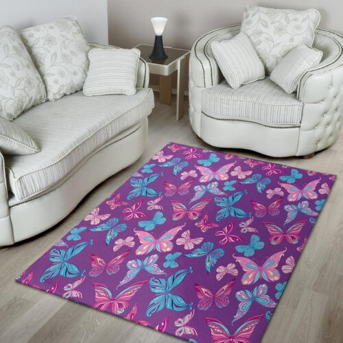Blue And Pink Butterfly Print Sillvela Area Rug