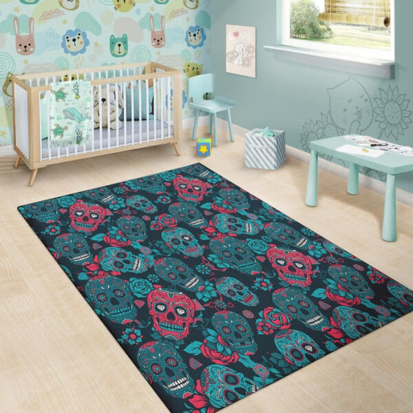 Blue And Red Floral Sugar Skull Sillvela Area Rug
