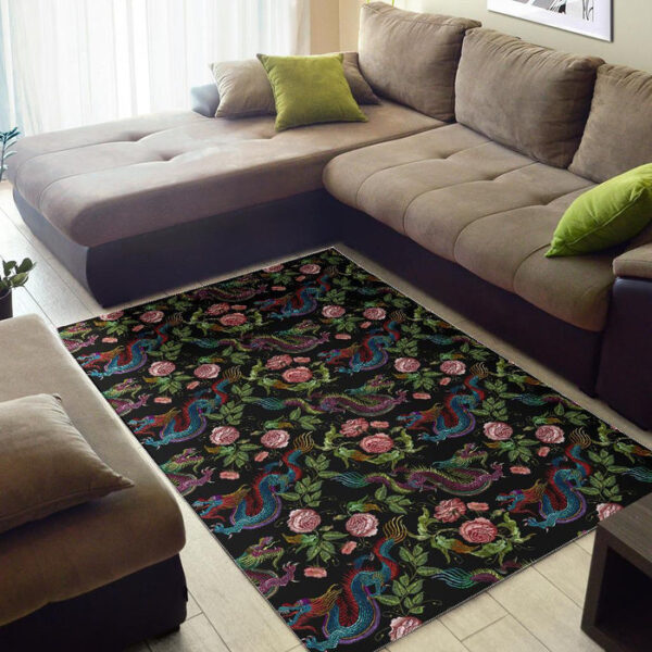 Chinese Rose Dragon Pattern Print Sillvela Area Rug