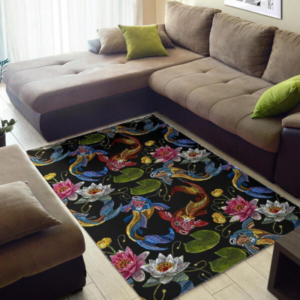 Crochet Koi Fish Lotus Pattern Print Sillvela Area Rug
