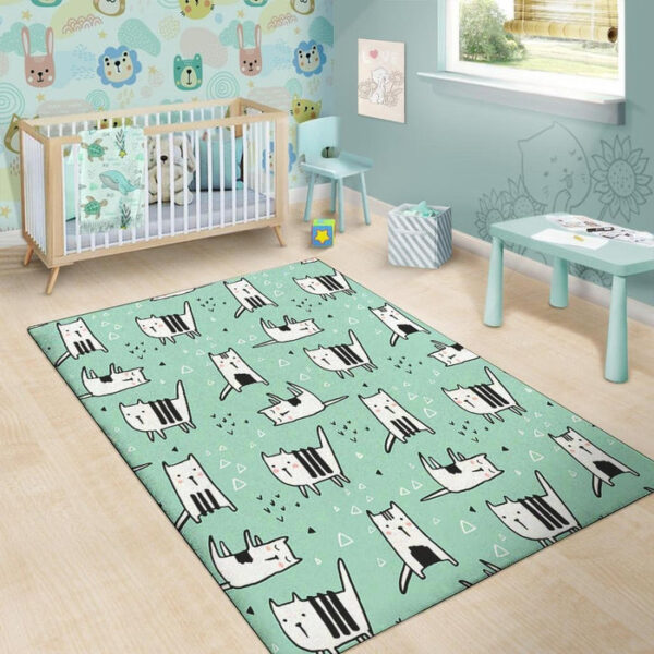 Cute Green Doodle Cat Print Sillvela Area Rug