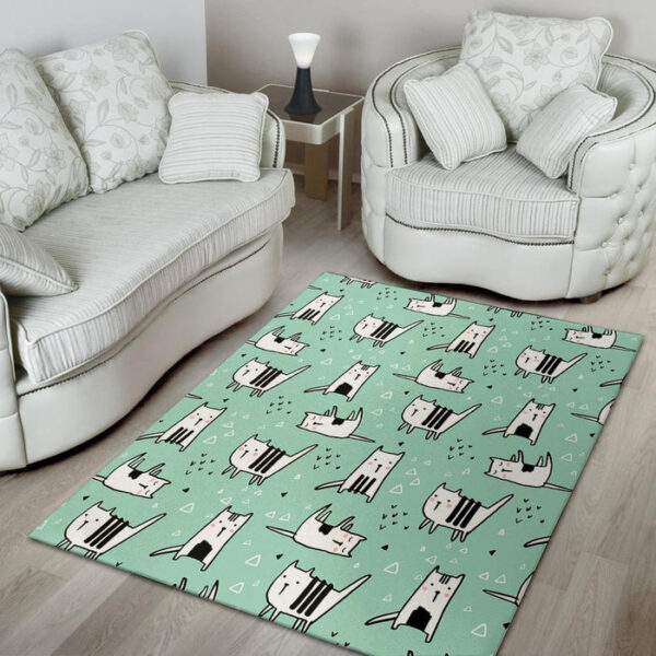 Cute Green Doodle Cat Print Sillvela Area Rug