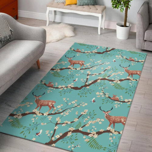 Deer Blossom Tree Pattern Print Sillvela Area Rug