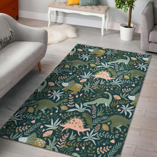 Dino Dinosaur Flower Leaf Pattern Print Sillvela Area Rug