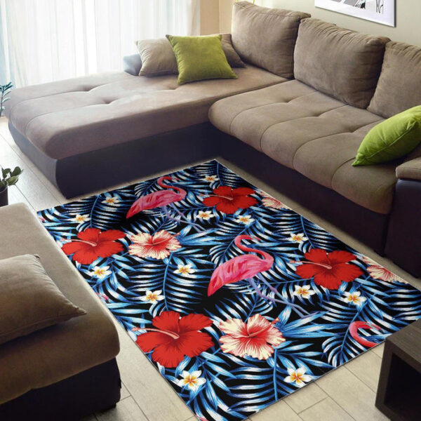 Flamingo Hawaiian Floral Tropical Flower Hibiscus Palm Leaves Pattern Print Sillvela Area Rug