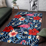 Flamingo Hawaiian Floral Tropical Flower Hibiscus Palm Leaves Pattern Print Sillvela Area Rug