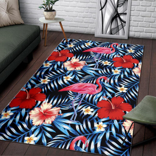 Flamingo Hawaiian Floral Tropical Flower Hibiscus Palm Leaves Pattern Print Sillvela Area Rug