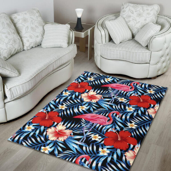Flamingo Hawaiian Floral Tropical Flower Hibiscus Palm Leaves Pattern Print Sillvela Area Rug