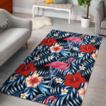 Flamingo Hawaiian Floral Tropical Flower Hibiscus Palm Leaves Pattern Print Sillvela Area Rug