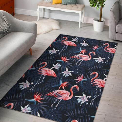 Flamingo Tropical Palm Leaves Hawaiian Floral Pattern Print Sillvela Area Rug