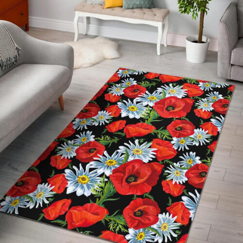 Floral Red Poppy Pattern Print Sillvela Area Rug