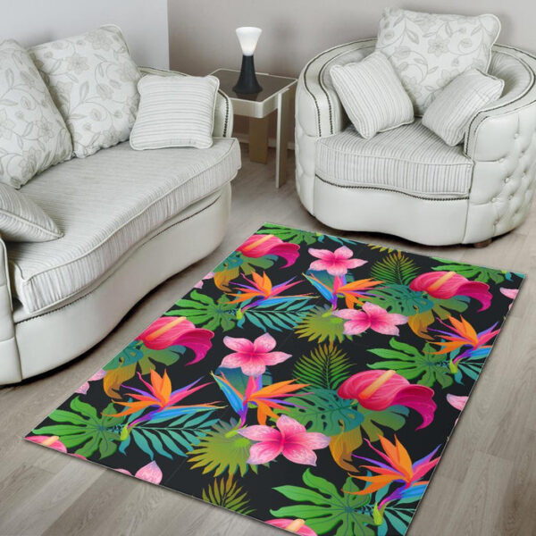 Floral Tropical Hawaiian Flower Hibiscus Palm Leaves Pattern Print Sillvela Area Rug