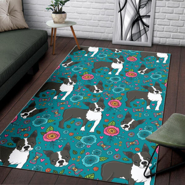 Flower Boston Terrier Pattern Print Sillvela Area Rug