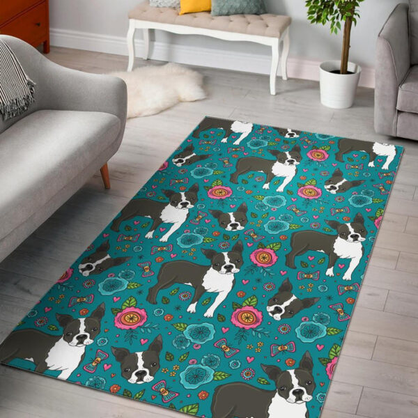 Flower Boston Terrier Pattern Print Sillvela Area Rug
