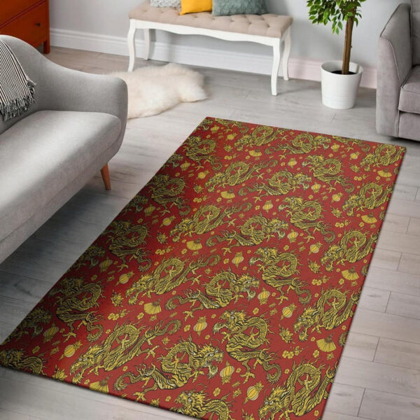 Golden Chinese Dragon Floral Print Sillvela Area Rug