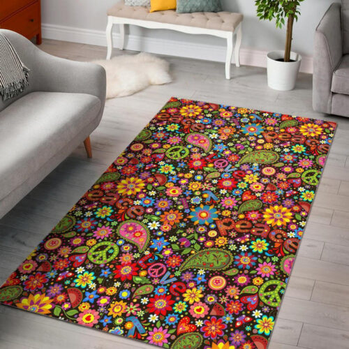 Hippie Paisley Floral Peace Sign Pattern Print Sillvela Area Rug