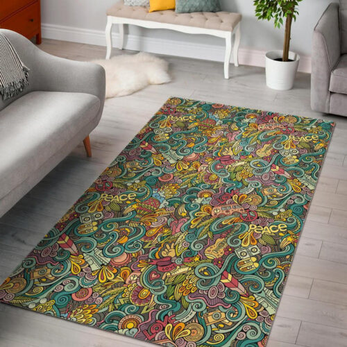 Hippie Psychedelic Van Peace Sign Pattern Print Sillvela Area Rug