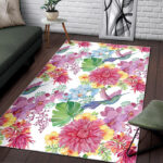 Hummingbird White Floral Drawing Sillvela Area Rug