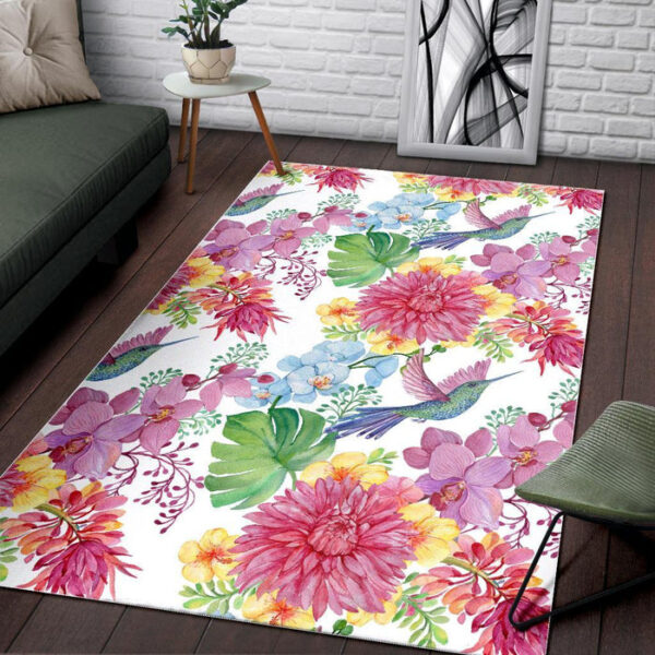 Hummingbird White Floral Drawing Sillvela Area Rug