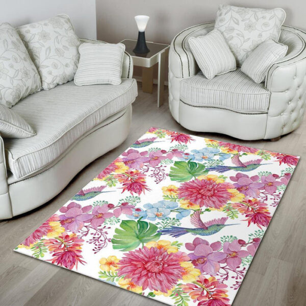 Hummingbird White Floral Drawing Sillvela Area Rug