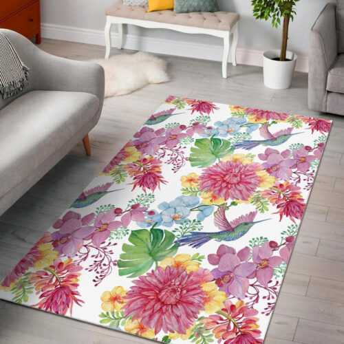 Hummingbird White Floral Drawing Sillvela Area Rug