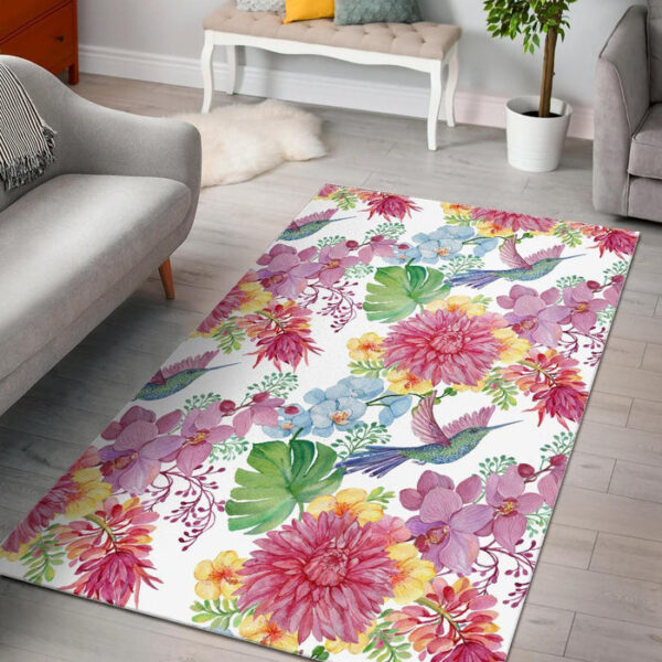 Hummingbird White Floral Drawing Sillvela Area Rug