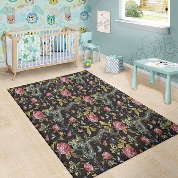 Janpanese Floral Dragon Print Sillvela Area Rug