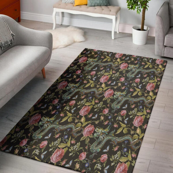 Janpanese Floral Dragon Print Sillvela Area Rug