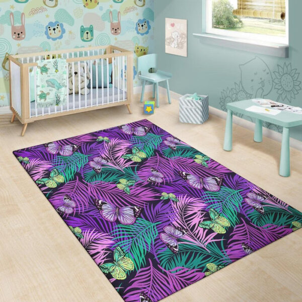 Neon Purple Tropical Palm Tree Butterfly Print Sillvela Area Rug