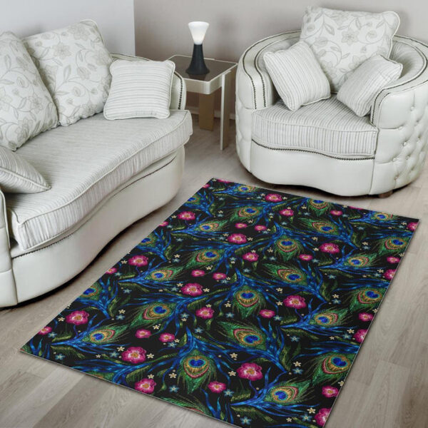 Peacock Rose Feather Pattern Print Sillvela Area Rug