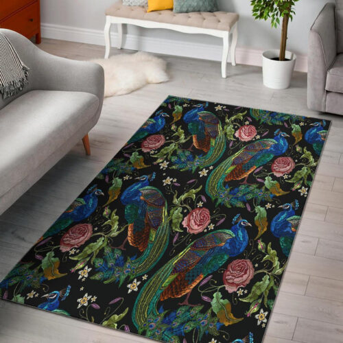 Peacock Rose Pattern Print Sillvela Area Rug