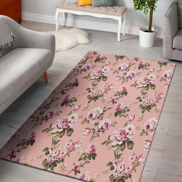 Pink Rose Floral Print Sillvela Area Rug