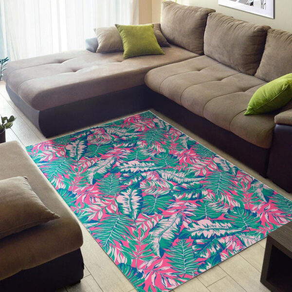 Pink Tropical Palm Leaves Hawaiian Pattern Print Sillvela Area Rug