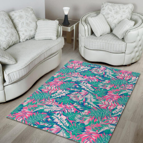 Pink Tropical Palm Leaves Hawaiian Pattern Print Sillvela Area Rug