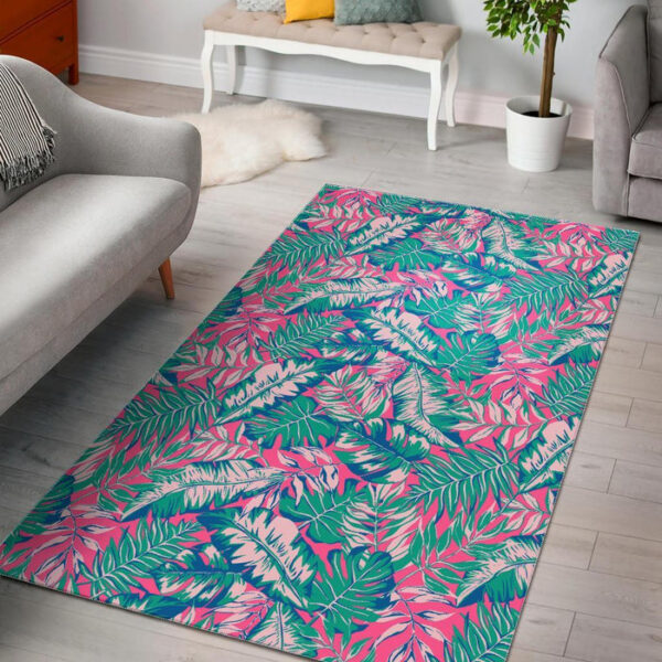 Pink Tropical Palm Leaves Hawaiian Pattern Print Sillvela Area Rug