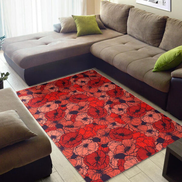 Red Poppy Floral Pattern Print Sillvela Area Rug