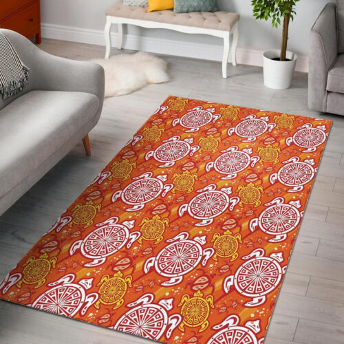 Sea Turtle Hawaiian Orange Pattern Print Sillvela Area Rug