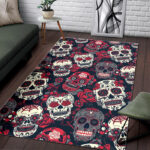 Sugar Skull Skeleton Girly Rose Floral Pattern Print Sillvela Area Rug