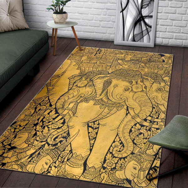 Thai Golden Elephant Print Sillvela Area Rug