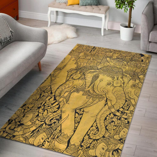 Thai Golden Elephant Print Sillvela Area Rug