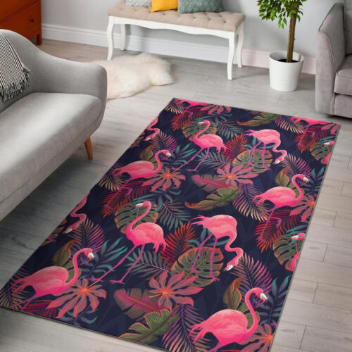 Tropical Flamingo Palm Leaves Hawaiian Floral Pattern Print Sillvela Area Rug