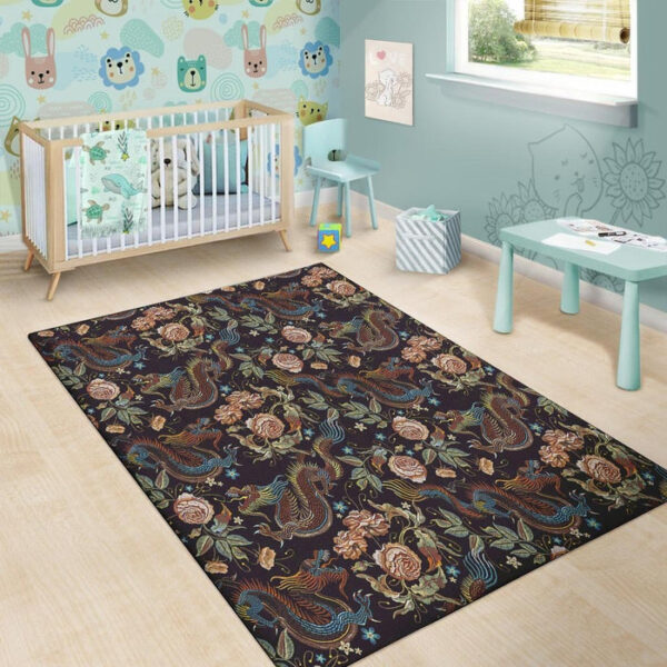 Vintage Chinese Dragon Floral Print Sillvela Area Rug
