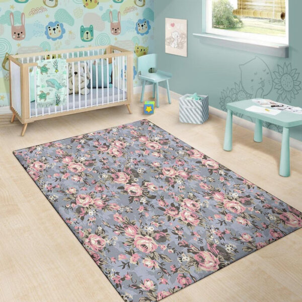 Vintage Pink Rose Flower Print Sillvela Area Rug