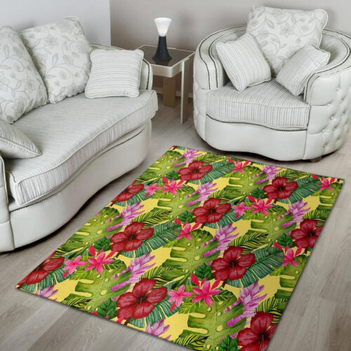 Watercolor Hibiscus Floral Hawaiian Print Sillvela Area Rug