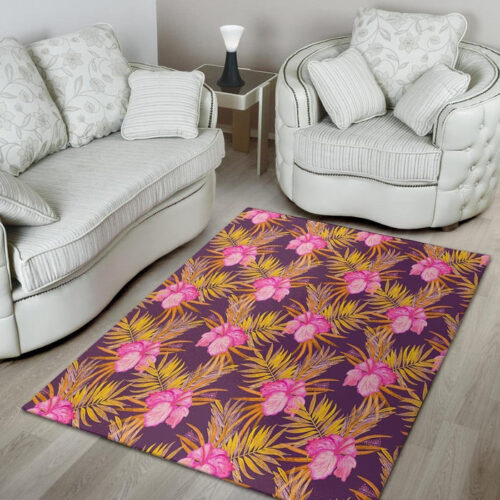 Watercolor Hibiscus Flower Hawaiian Print Sillvela Area Rug