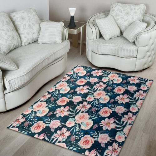 Watercolor Pink Rose Floral Sillvela Area Rug